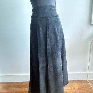 Vintage Cedars Black Suede Leather Midi Skirt | High Waist A-Line